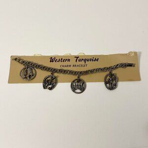 Vintage Western Faux Turquoise Charm Bracelet Cowboy Boots Horse Carriage Flaws